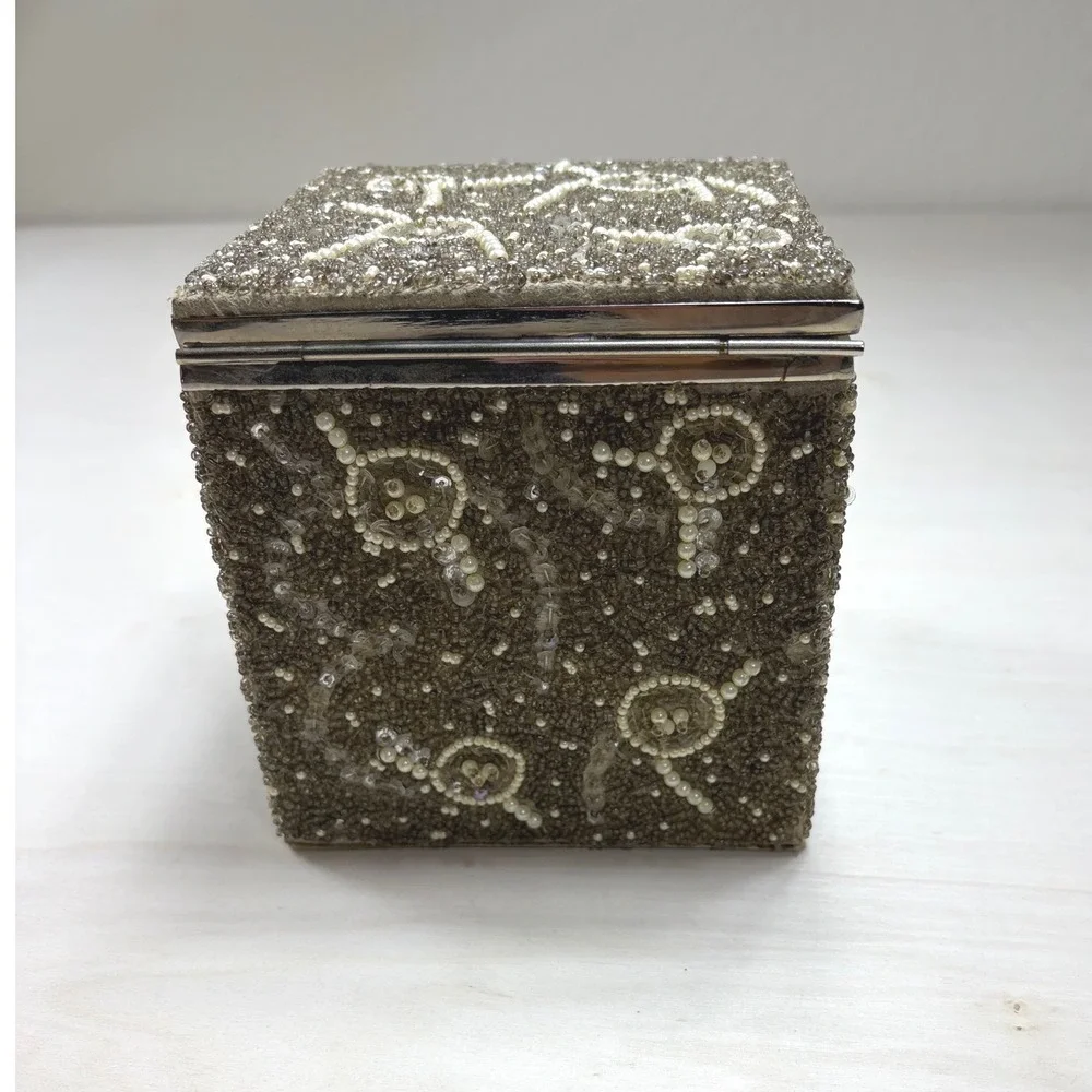 Target 2005 Vintage Style Beaded Jewelry Box Champagne Pearl Sequin Tassel 4x4
